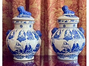 Vintage Chinese Porcelain Ginger Jars With Foo Dog Lids  W/ Makers Marks