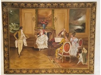 Antique Or Vintage Large European Style Hand Painted Ballroom Scene On Woven Fabric