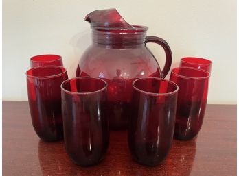 Vintage Ruby Glass Pitcher & Tall Glass Set