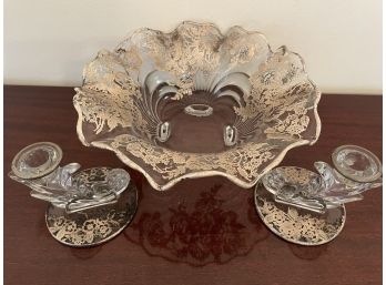 Antique  Sterling Silver Overlay Three Piece Centerpiece Collection