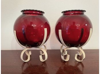 Vintage Ruby Glass & Metal Votive Set