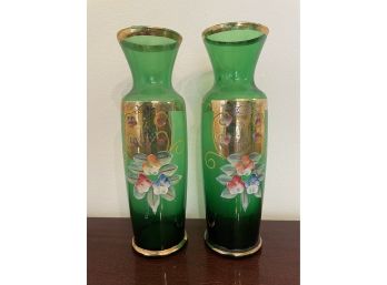 Vintage Hand Painted Emerald Green Matched Pair Of Vases