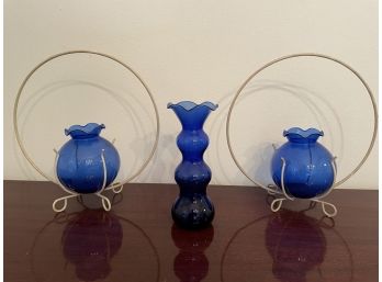 Vintage Three Piece Blue Votive & Vase Glass Collection