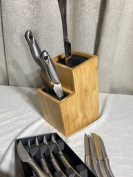 Bamboo Butcher Block With Knives Used