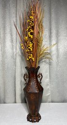Metal Vase With Floral And Grass Picks