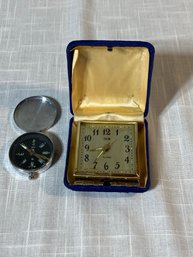 Vintage Traveling Alarm Clock And Compass