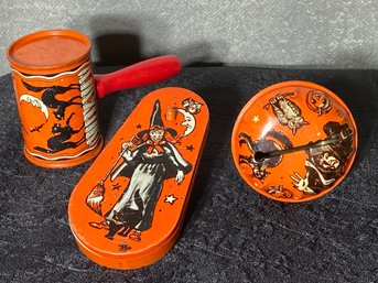 Vintage Halloween Tin Litho Noisemakers 1950's - Lot Of 3