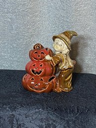 Vintage Ceramic Little Witch With Pumpkins - Tea Light Holder