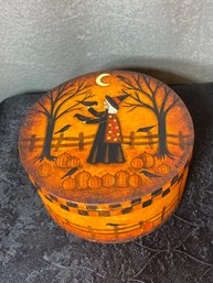 Wooden Cheese Box Hand Painted Witch With Crows