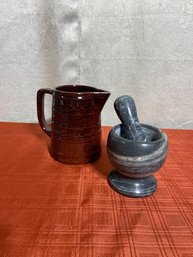 Marble Mortar And Pestle And Vintage Mar-crest Pitcher