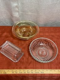 Set Of 3 Vintage Glass Bowls And Butter Dish