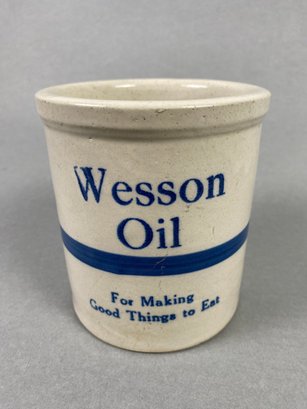 Very Cool Vintage Stoneware Pottery Advertising Egg Beater Crock, Wesson Oil, Probably Red Wing