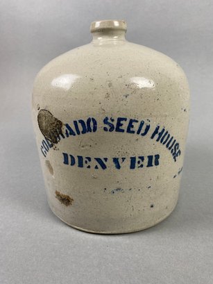 Vintage Stoneware 1-gallon Advertising Crock Chicken Waterer Feeder, Colorado Seed House Denver