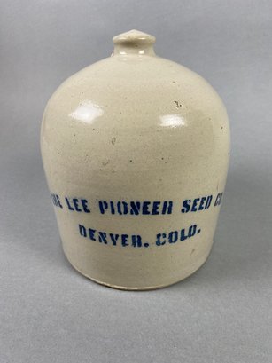 Vintage Stoneware 1 Gallon Advertising Crock Chicken Waterer Feeder, Lee Pioneer Seed Company