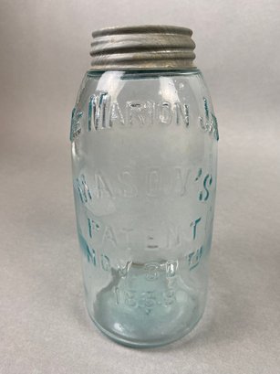 Antique Handmade Half Gallon Canning Fruit Jar With Lid, Embossed With The Marion Jar