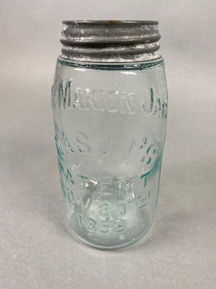 Antique Handmade One Quart Canning Fruit Jar With Lid, Embossed With The Marion Jar