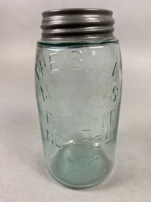 Antique Handmade One Quart Canning Fruit Jar With Lid, Embossed With The Ball Mason's, Milk Glass On Lid