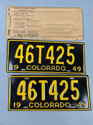 Vintage Metal Colorado License Plates From 1949 In Their Original Envelope