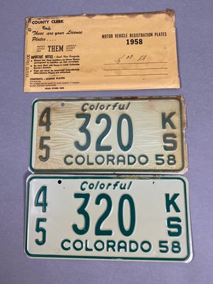 Vintage Metal Colorado License Plates From 1958 In Their Original Envelope, Colorful Colorado