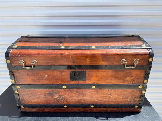 Antique Wood & Black Iron Chest Or Trunk With Handles & Cedar Pieces