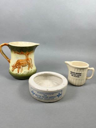 Neat Vintage Or Antique Advertising Ceramic Rabbit Feeder & Creamer And A Roseville Pottery Cow Pitcher