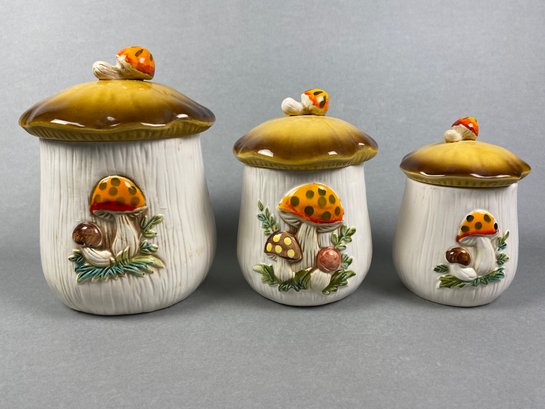 Vintage Set Of Three Ceramic Pottery Mushroom Canisters With Lids From Sears, Roebuck & Co.