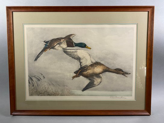 Hand Colored Engraving Of Pair Of Mallards In Flight By Artist Leon Danchin, Signed By Artist In Cherry Frame