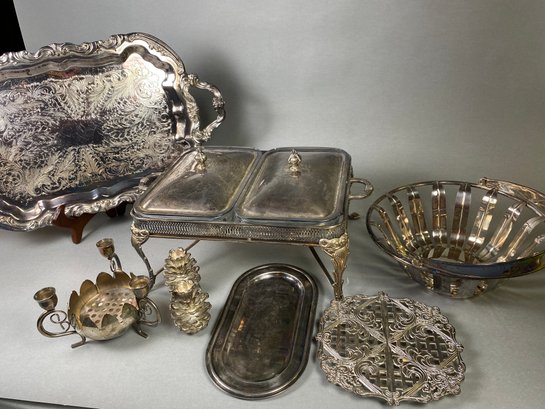 Huge Set Of Miscellaneous Silverplate Serving Pieces, Including A Warming Tray & Platter With Handles