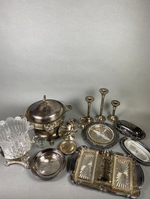 Very Ornate Silverplate Pieces With Glass Inserts Including An Ice Bucket, Chafing Dish, Butter Dishes & More