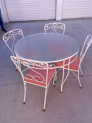 Classic Vintage White Wrought Iron Patio Table With Glass Top And Matching Chairs