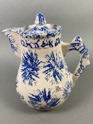 Amazing Antique Blue Spongeware Pottery Coffee Pot With Lid, Rare Pattern