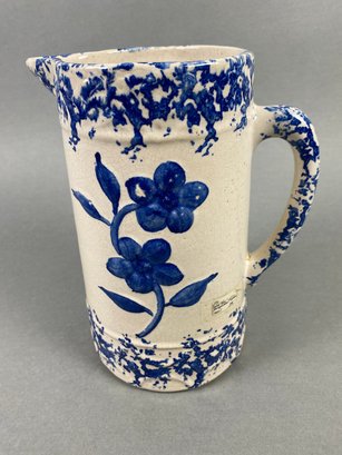 Incredible Antique Blue Spongeware Pottery Pitcher In Wild Rose Pattern, Extremely Rare Pattern