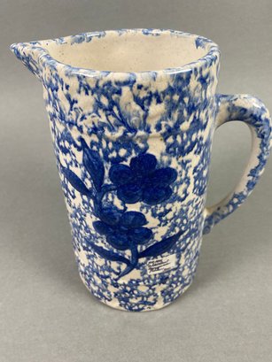 Beautiful Antique Blue Spongeware Pottery Pitcher In Wild Rose Pattern, Extremely Rare Pattern