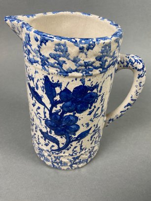 Lovely Antique Blue Spongeware Pottery Pitcher In Wild Rose Pattern, Extremely Rare Pattern
