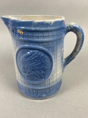 Beautiful Blue Salt Glaze Stoneware Pottery Pitcher In The Indian In War Bonnet Pattern, Rare Pattern