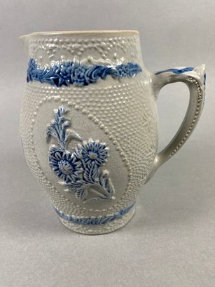 Amazing Antique Stoneware Salt Glaze Blue Edelweiss Beer Pitcher, White Pottery, #2