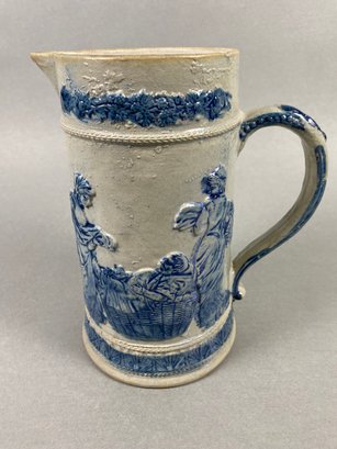 Antique Blue Salt Glaze Stoneware Pottery, Flemish Figures Beer Pitcher, White Pottery, No 5