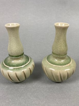 Cute Pair Of Vintage MCM Celadon Bud Vases In Light Green Color Made In Thailand