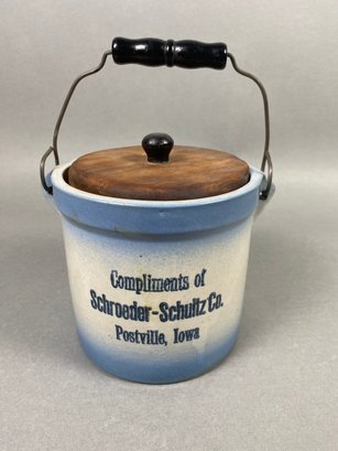 Advertising Salt Glaze Stoneware Crock With Wooden Lid & Original Hardwar, Schroeder Schultz, Postville Iowa