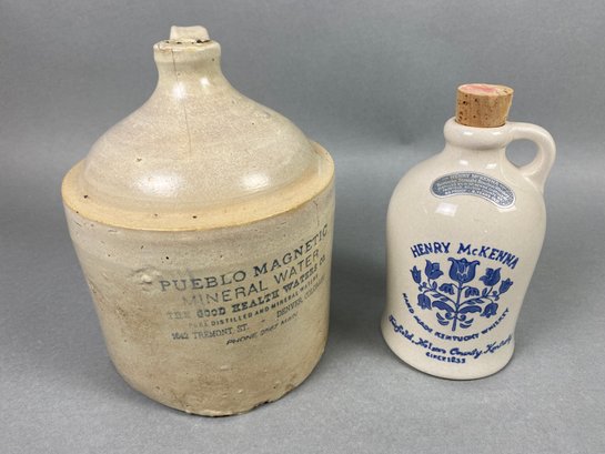 Pair Of Stoneware Jugs, Henry McKenna Whiskey & Pueblo Magnetic Mineral Water