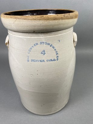 Wonderful 4 Gallon Butter Churn By The Denver Stoneware Company With Pulled Ear Handles