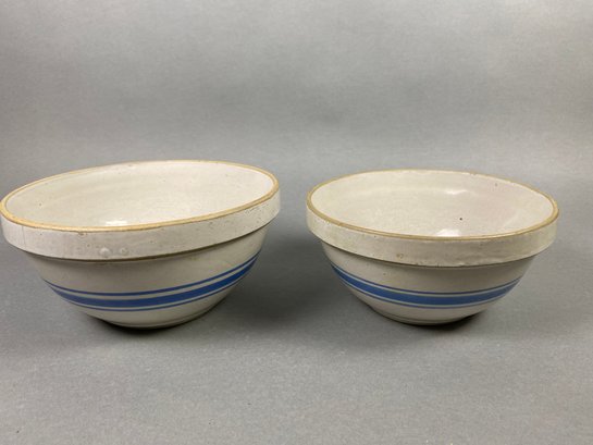Vintage Matching Stoneware Pottery Crock Nesting Bowls With Blue Stripes