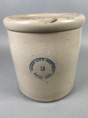 Wonderful Antique 3 Gallon Stoneware Crock By Queen City Pottery, Denver Colorado