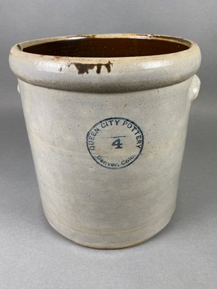 Wonderful Antique 4 Gallon Stoneware Crock With Pulled Ear Handles By Queen City Pottery, Denver Colorado