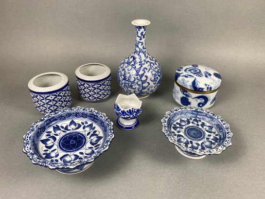 Pretty Lot Of Blue And White Asian Theme Painted Porcelain Including Vases, Jars & Footed Dishes