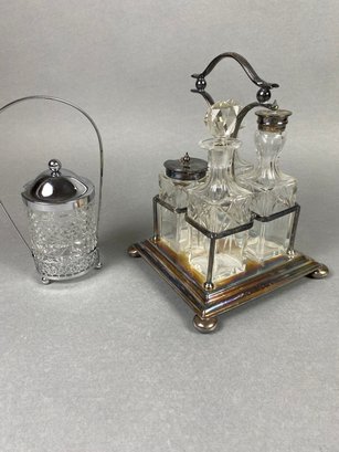 Vintage Cruet Set And Small Condiment Jar In Silverplated Holders