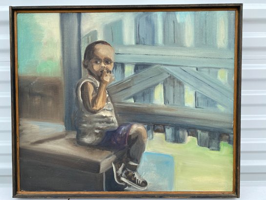 Fantastic Painting Of A Little Boy With A Rustic Frame