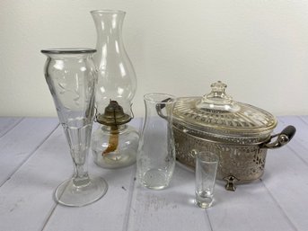 Vintage Etched Glassware, Including A Pyrex Serving Bowl, Vases, An Oil Lamp & Liqueur Glass