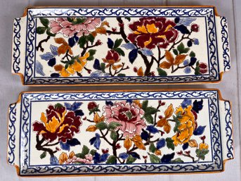 Two Gorgeous Hand Painted Ceramic Gien France Rectangular Peony Serving Plates