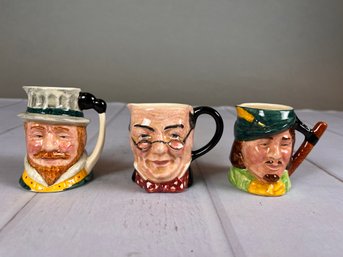 Hand Painted Landcaster Sandland Ware Mini Mugs That Depict Mr. Pickwick, Robin Hood, And Sir Frances Drake